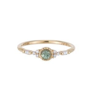 Jennie Kwon Poeme green sapphire and diamond ring in 14k yellow gold